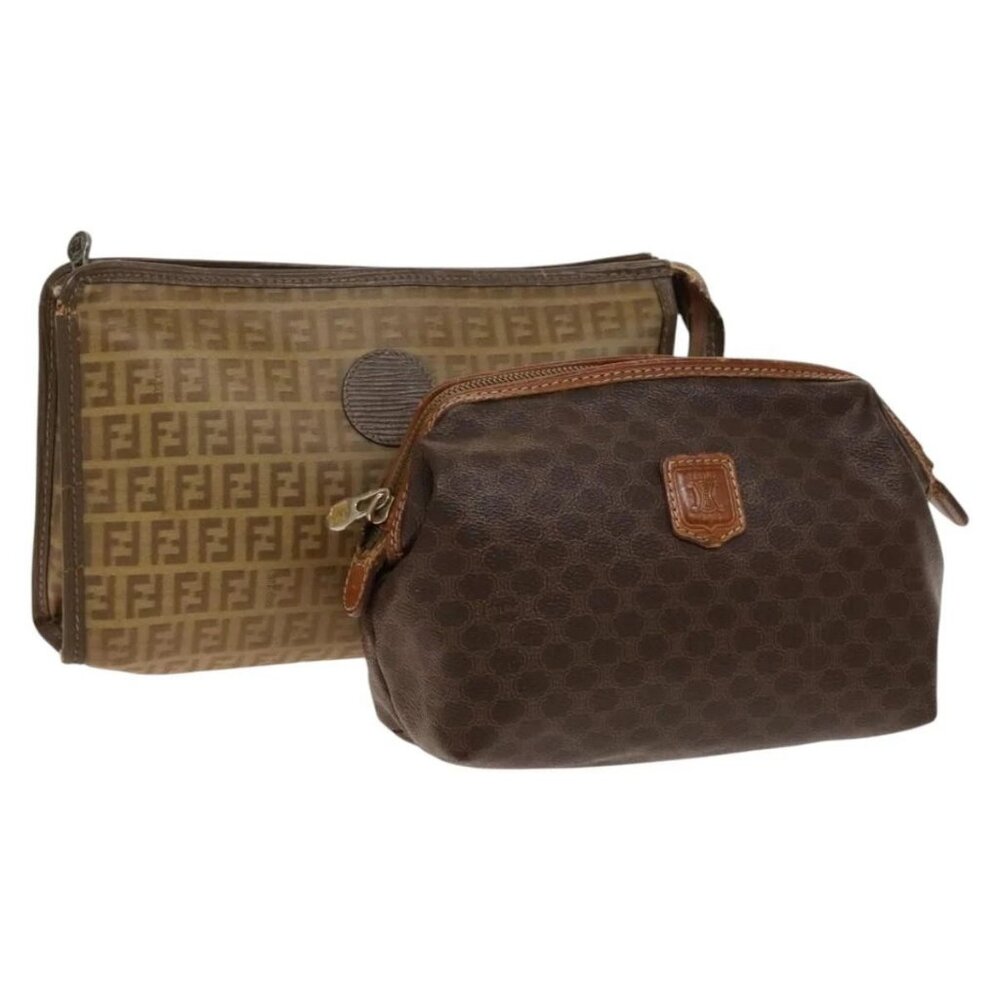 FENDI Celine Zucca Canvas Macadam Canvas Bag PVC 2 Set Beige Brown Auth ti3415
